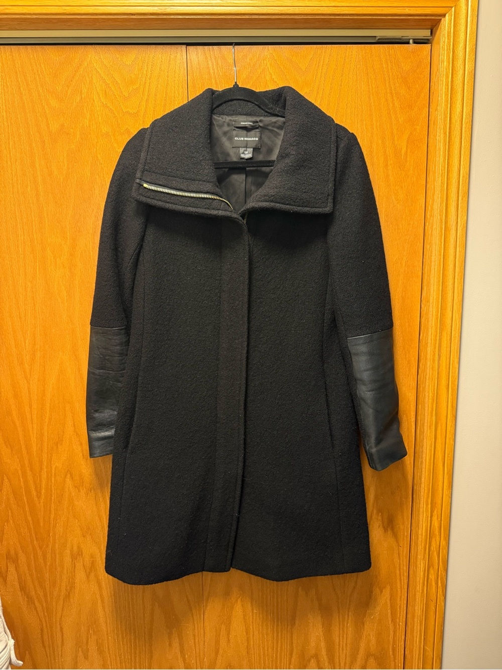 Club Monaco Black Wool-Blend Pea Coat with Leather Sleeve Panels